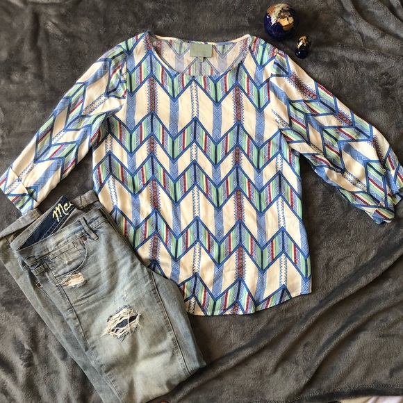 Royal Blue Aztec Print Button Down Silk Blouse